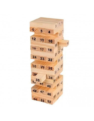 Tradineur - Juego de bloques de madera, 54 fichas numeradas, 4 dados, construcción de torre apilable, habilidad, familia, 15,8 x