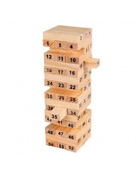 Tradineur - Juego de bloques de madera, 54 fichas numeradas, 4 dados, construcción de torre apilable, habilidad, familia, 15,8 x