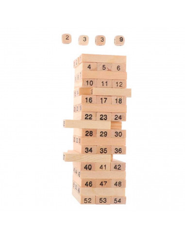 Tradineur - Juego de bloques de madera, 54 fichas numeradas, 4 dados, construcción de torre apilable, habilidad, familia, 15,8 x