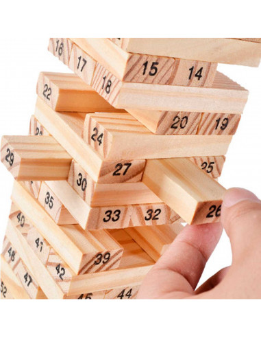 Tradineur - Juego de bloques de madera, 54 fichas numeradas, 4 dados, construcción de torre apilable, habilidad, familia, 15,8 x