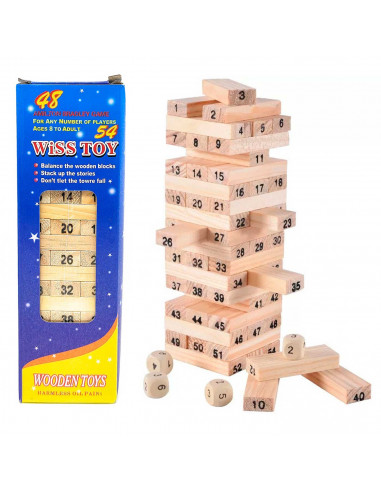 Tradineur - Juego de bloques de madera, 54 fichas numeradas, 4 dados, construcción de torre apilable, habilidad, familia, 15,8 x
