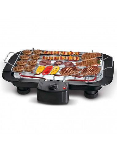 Tradineur - Barbacoa eléctrica portátil con bandeja antigoteo, parrilla con termostato ajustable, fácil de limpiar, superficie d