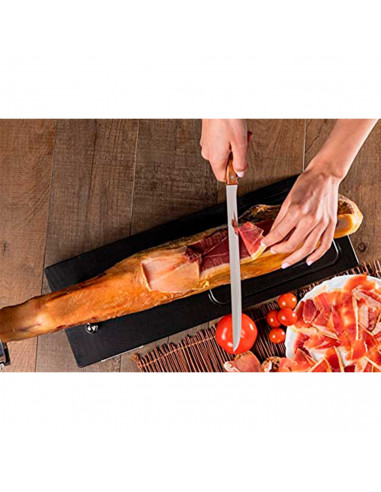 Tradineur - Cuchillo jamonero con hoja de acero inoxidable y mango de madera, cuchillo cortado de jamón, corte preciso, profesio
