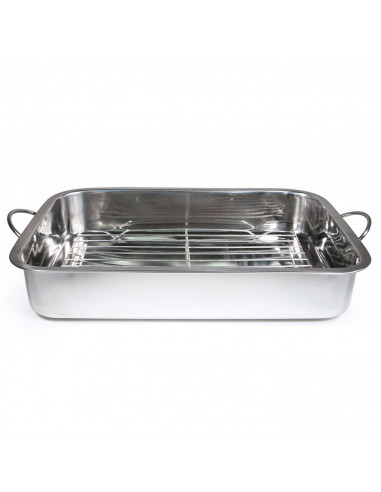 Tradineur - Bandeja de horno de acero inoxidable con grill y asas abatibles, fuente rectangular para asar con rejilla, rustidera