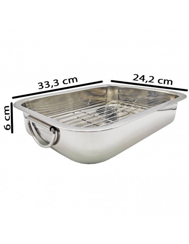 Tradineur - Bandeja de horno de acero inoxidable con grill y asas abatibles, fuente rectangular para asar con rejilla, rustidera