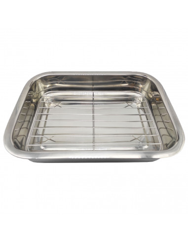 Tradineur - Bandeja de horno de acero inoxidable con grill y asas abatibles, fuente rectangular para asar con rejilla, rustidera
