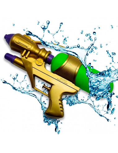 Tradineur - Pistolas de agua a presión dorada, cámara para guardar agua, Para mayores de 3 años, 15 x 29,5 x 5,5 cm, Color Surti