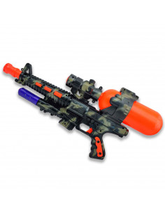 Tradineur - Pistolas de agua a presión con diseño militar de 55 cm, incluye cámara para guardar agua y mira, Para mayores de 3 a