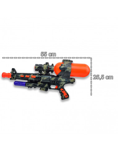 Tradineur - Pistolas de agua a presión con diseño militar de 55 cm, incluye cámara para guardar agua y mira, Para mayores de 3 a