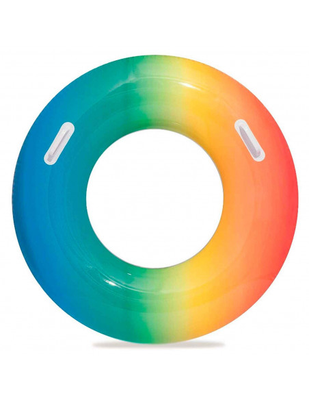 Tradineur - Flotador hinchable infantil arcoíris, vinilo resistente, 2 asas de agarre, 91 cm diámetro. Para mayores de 10 años. 