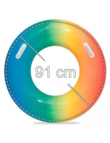 Tradineur - Flotador hinchable infantil arcoíris, vinilo resistente, 2 asas de agarre, 91 cm diámetro. Para mayores de 10 años. 