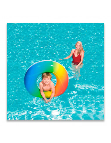 Tradineur - Flotador hinchable infantil arcoíris, vinilo resistente, 2 asas de agarre, 91 cm diámetro. Para mayores de 10 años. 