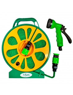 Tradineur - Manguera de riego enrollable con pistola y carrete porta manguera con asa, 7 funciones, regar jardín, labores agríco