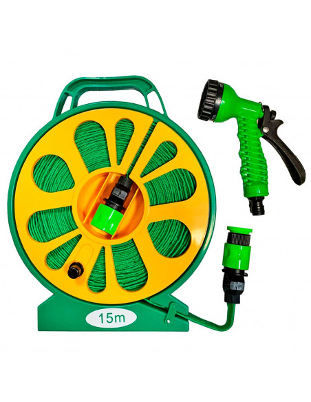 Tradineur - Manguera de riego enrollable con pistola y carrete porta manguera con asa, 7 funciones, regar jardín, labores agríco