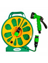 Tradineur - Manguera de riego enrollable con pistola y carrete porta manguera con asa, 7 funciones, regar jardín, labores agríco