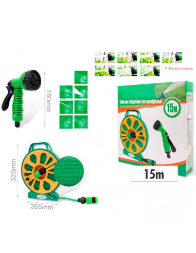 Tradineur - Manguera de riego enrollable con pistola y carrete porta manguera con asa, 7 funciones, regar jardín, labores agríco