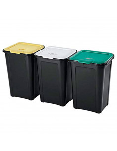 Pack de 3 cubos basura 44 litros con tapa 55 x 38 x 34 cm. Juego, set de contenedores de residuos apilables de plástico para rec