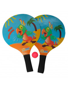 Tradineur - Set de 2 palas de playa con diseño de loro, incluye pelota, empuñadura de goma, Para todas las edades. 37 x 24 cm.