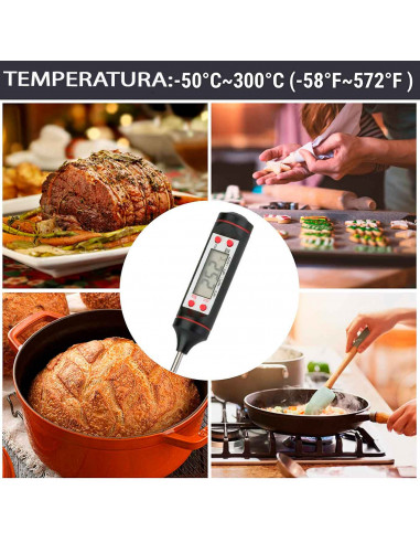 Tradineur - Termómetro digital de cocina con sonda de acero inoxidable, pantalla LCD, funciona con pila, apagado automático, ali